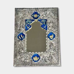 Antique Vtg 19th Century Islamic Persian Qajar Silver Plated Blue Enamel Mirror